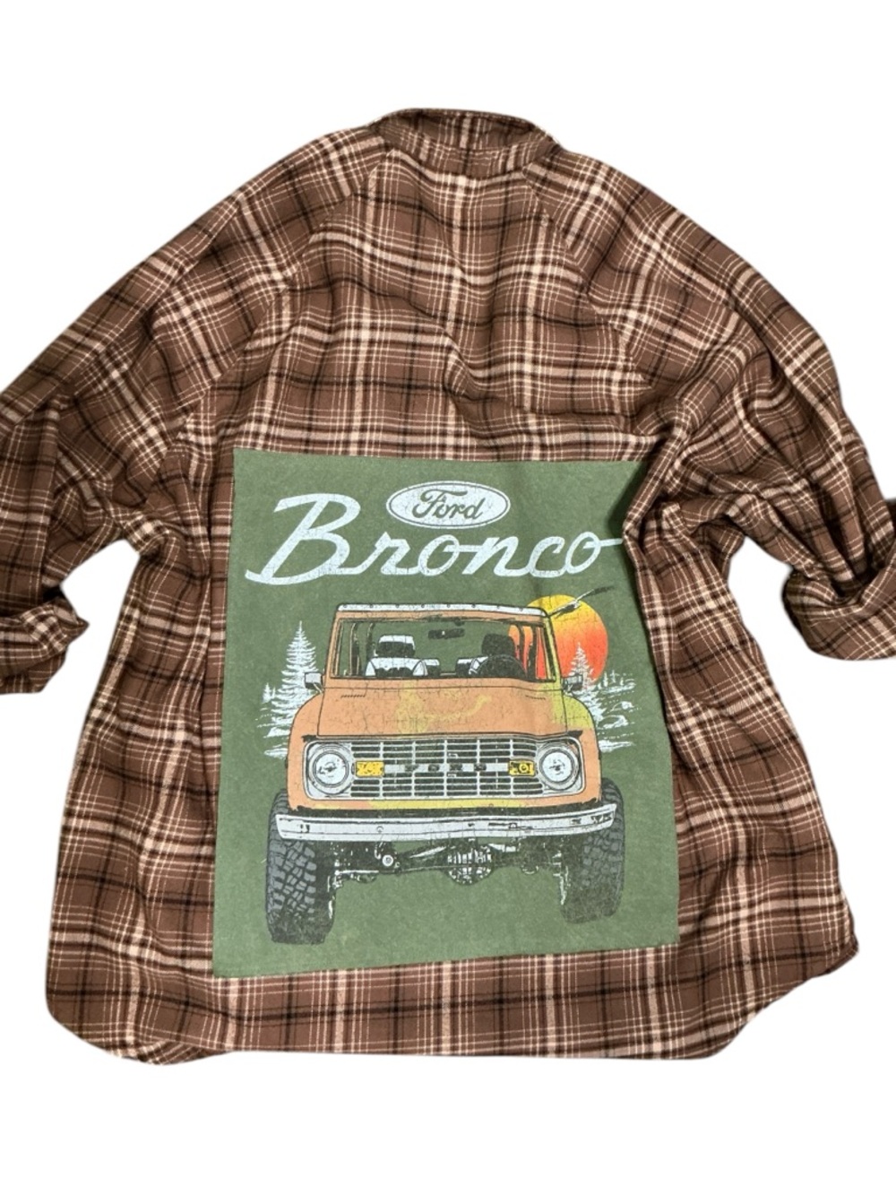Ford Bronco Upcycled T Shirt Flannel Top plaid grunge festival Boyfriend
